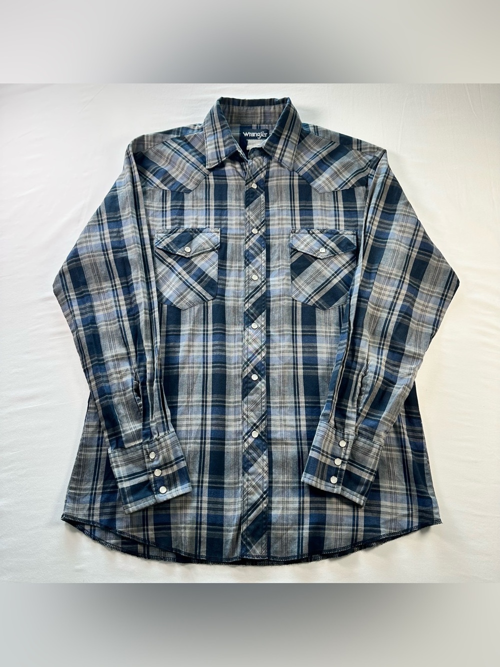 Wrangler Western Pearl Snap Shirt Mens M Blue Gray Plaid Cowboy Long Sleeve
